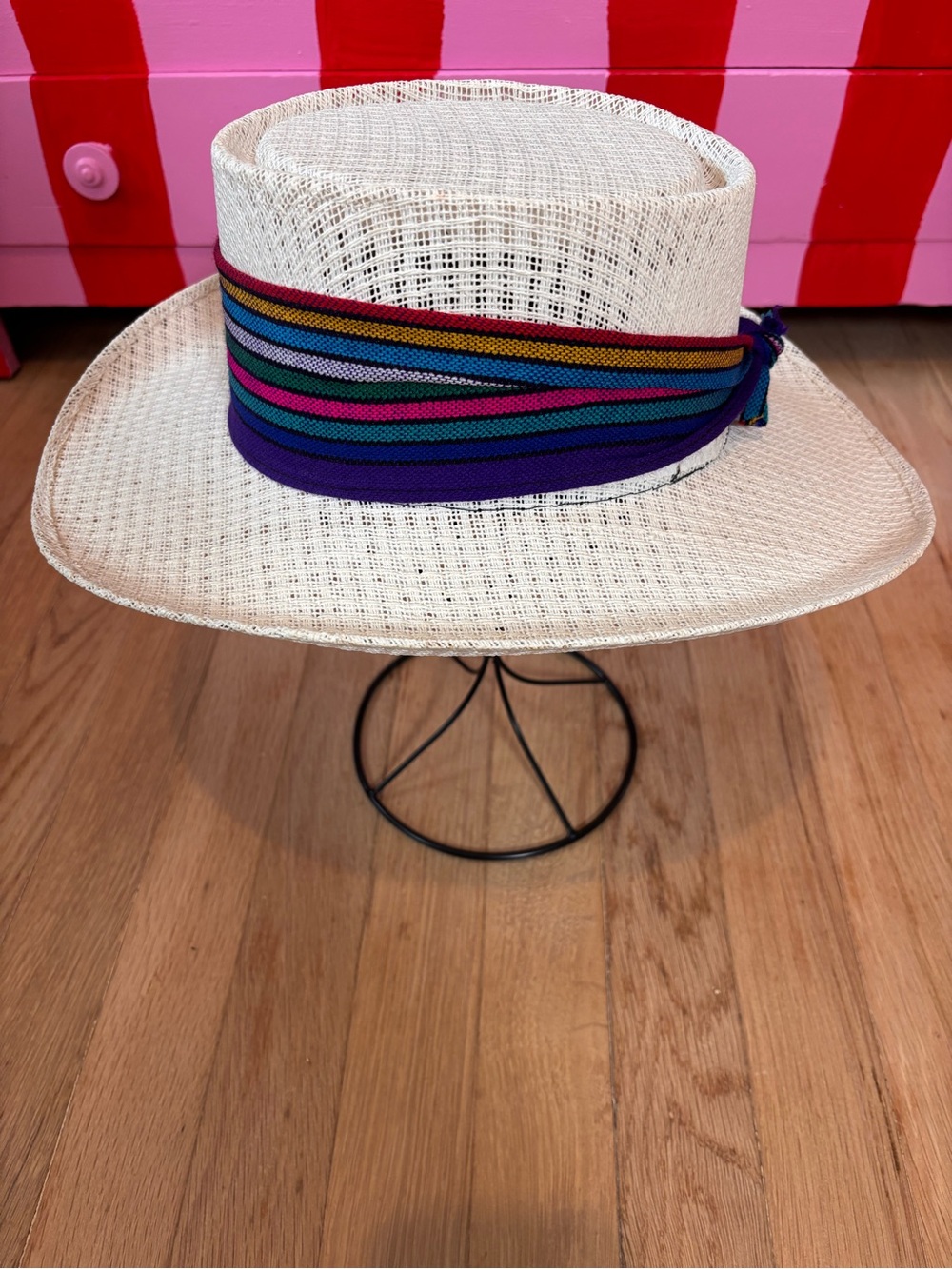 Vintage Albertson Woven Straw Gambler Rancher Hat Colorful Band Mexico